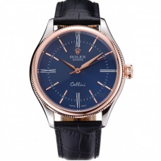 Rolex Cellini Blue Dial Gold Bezel Stainless Steel Case Black Leather Strap 622841