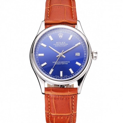 Rolex Datejust Blue Dial Stainless Steel Case Light Brown Leather Strap