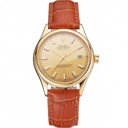 Rolex Datejust Gold Dial Gold Case Light Brown Leather Strap