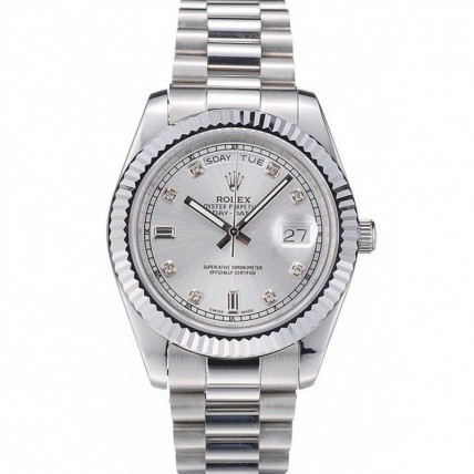 Rolex DayDate Stainless Steel Ribbed Bezel Silver Dial 41995