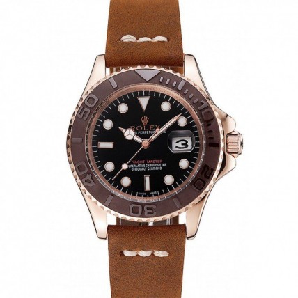 Rolex Yacht-Master Black Dial Brown Bezel Rose Gold Case Brown Leather Bracelet 1453860