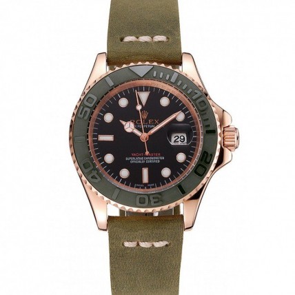 Rolex Yacht-Master Black Dial Green Bezel Rose Gold Case Green Leather Bracelet 1453862