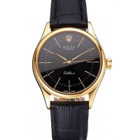 Rolex Cellini Black Dial Gold Markings Gold Case Black Leather Strap
