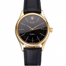 Rolex Cellini Black Dial Gold Markings Gold Case Black Leather Strap