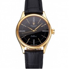 Rolex Cellini Black Dial Roman Numerals Gold Case Black Leather Strap
