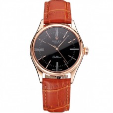 Rolex Cellini Black Dial Roman Numerals Rose Gold Case Light Brown Leather Strap