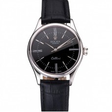 Rolex Cellini Black Dial Roman Numerals Stainless Steel Case Black Leather Strap