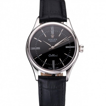 Rolex Cellini Black Dial Roman Numerals Stainless Steel Case Black Leather Strap
