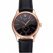 Rolex Cellini Black Dial Rose Gold Case Black Leather Strap