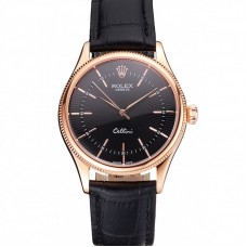 Rolex Cellini Black Dial Rose Gold Markings Rose Gold Case Black Leather Strap