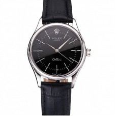Rolex Cellini Black Dial Steel Case Black Leather Strap