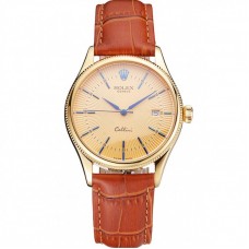 Rolex Cellini Date Gold Guilloche Dial Gold Case Light Brown Leather Strap