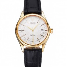 Rolex Cellini Date White Dial Gold Case Black Leather Strap