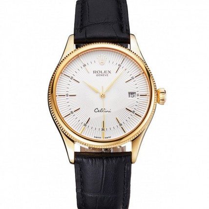 Rolex Cellini Date White Dial Gold Case Black Leather Strap