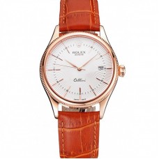 Rolex Cellini Date White Dial Rose Gold Case Brown Leather Strap