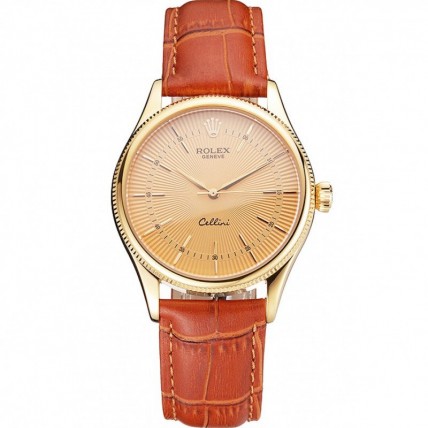 Rolex Cellini Gold Dial And Markings Gold Case Light Brown Leather Strap