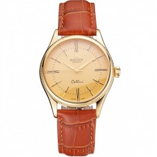 Rolex Cellini Gold Dial Roman Numerals Gold Case Light Brown Leather Strap
