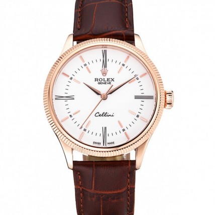 Rolex Cellini Time Gold Case White Dial Brown Leather Bracelet  622655