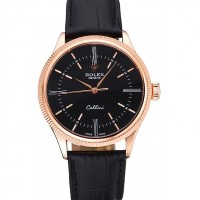 Rolex Cellini Time Rose Gold Case Black Dial Black Leather Bracelet  622656