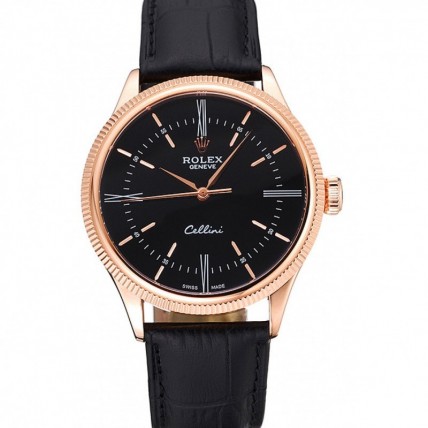 Rolex Cellini Time Rose Gold Case Black Dial Black Leather Bracelet  622656