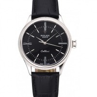 Rolex Cellini Time Silver Case Black Dial Black Leather Bracelet  622654