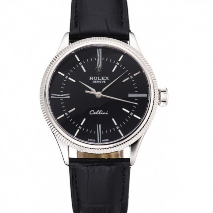 Rolex Cellini Time Silver Case Black Dial Black Leather Bracelet  622654