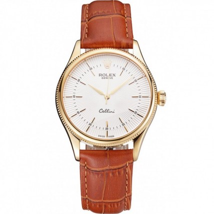 Rolex Cellini White Guilloche Dial Gold Case Light Brown Leather Strap Rolex Cellini White Guilloche Dial Gold Case Light Brown Leather Strap