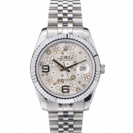 Rolex DateJust Stainless Steel Ribbed Bezel Flower Silver Dial 42001