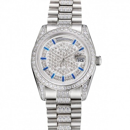 Rolex Day-Date Diamond Pave Dial And Bezel And Stainless Steel Bracelet
