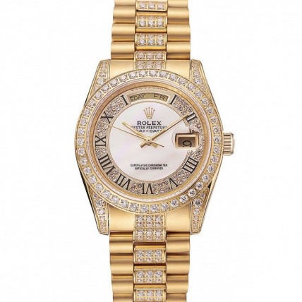 Rolex Day-Date Diamond Pave White Dial Gold Diamond Bracelet 1453958