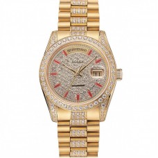 Rolex Day-Date Red Diamond Pave Dial Gold Diamond Bracelet 1453960