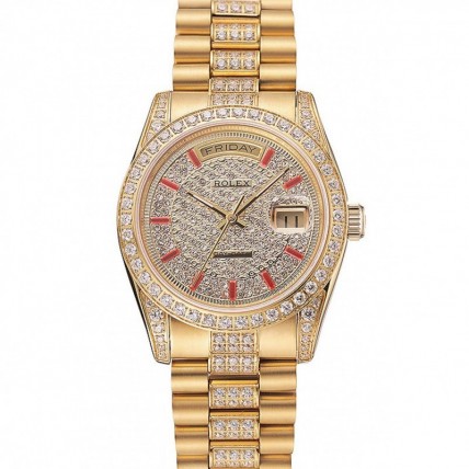 Rolex Day-Date Red Diamond Pave Dial Gold Diamond Bracelet 1453960