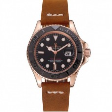 Rolex Yacht-Master Black Dial Rose Gold Case Brown Leather Bracelet 1453861