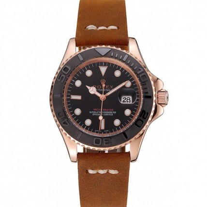 Rolex Yacht-Master Black Dial Rose Gold Case Brown Leather Bracelet 1453861
